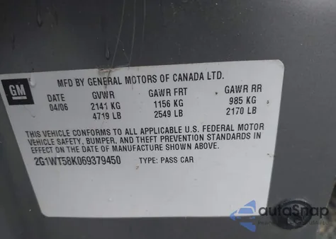 2006 Chevrolet Impala Lt from USA, damaged, VIN 2G1WT58K069379450